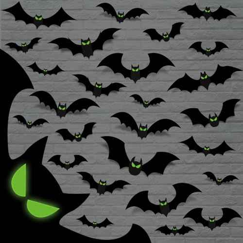 132 Pcs Halloween Bats Wall Decor With Glow in The Dark Eyes - Large 3D Bat Stickers and Decals for Indoor Party Decorations - PVC Black Bats