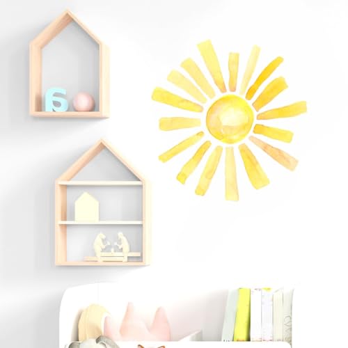 Cumule Boho Watercolor Sun Wall Decals, 22.44x22.04 Inch, Yellow, PVC, Indoor, Nursery Wall Stickers, Rectangular, Cartoon, Sun-1, 2 Pack