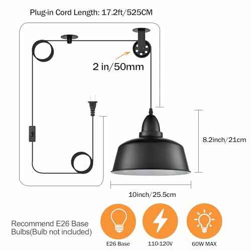 Plug in Pendant Light, Farmhouse Hanging Lights with Plug in Cord, Pulley Hanging Lamp, Black Industrial Pendant Lights Fixture for Kitchen Island, Bedroom, Dining Room, Living Room, Office