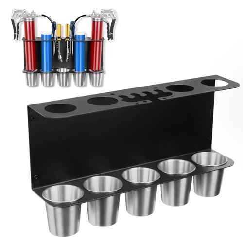 Grease Gun Holder, Wall Mount Storage Rack Compatible with 2 Grease Guns Organizer with 5 Removable Drip Cups for Garage and Shop Workshop Storage Black