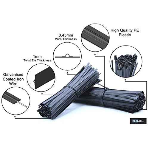 5 inches Twist Ties Pack of 250 - Premium Quality Reusable Black Plastic Coated Ties for Household and Office use