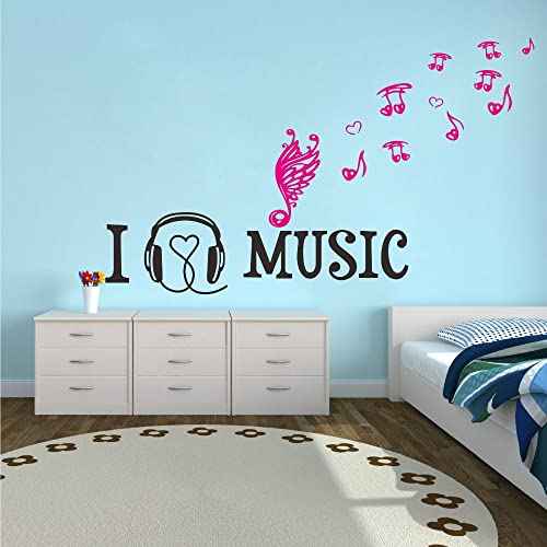 Music Lovers Wall Decal with Headphones and Musical Notes - Removable PVC Wall Art for Studio, Living Room, Teen Bedroom, or Nursery - Creative Size 44"x26" JWH183 (Black Headphones + Blush Notes)
