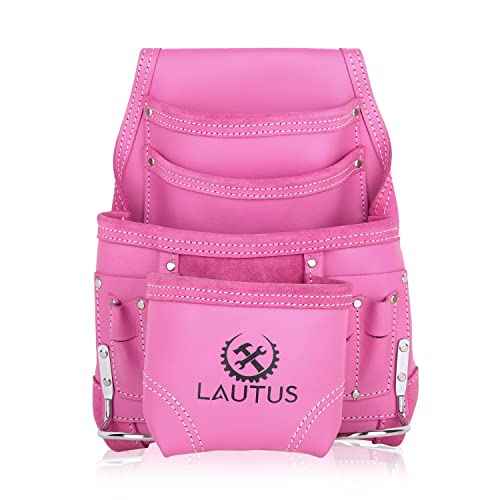 LAUTUS Oil Tanned Leather Tool Pouch Bag |Pink |Carpenter, Construction, Framers, Handyman | 10 Pockets, 2 Hammer Holders | 100% Leather