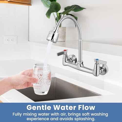 Airuida Chrome Polish Wall Mount Kitchen Sink Faucet 8 Inch Center Unility Faucet Wall Mounted Double Lever Handles Commercial Faucet with 360 Degree Rotation Sprayer Brass Valve Body Mixer Tap