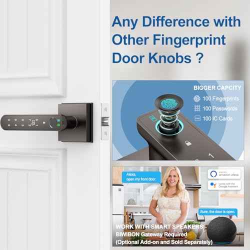 Fingerprint Door Lock, 5 in 1 Finger Print Door Knob with Smart APP/Fingerprint/IC Cards/Password/Backup Keys, Smart Door Knob with Keypad for Bedroom, Office, Apartment, Starry Grey