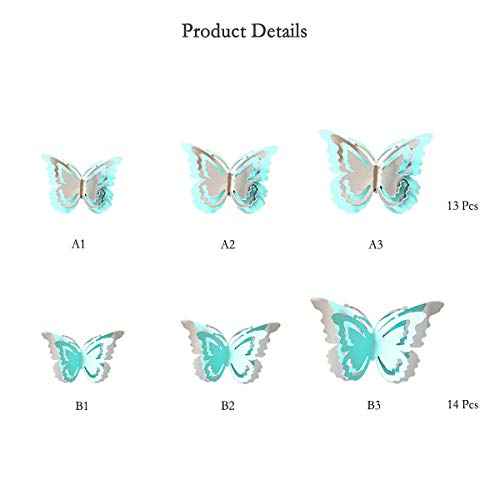pinkblume Silver Blue Teal Butterfly Decorations Stickers 3D Butterfies Wall Art Wedding Decor Removable Wall Decals Murals for Aqua Home Living Room Babys Bedroom Showcase Nursery Art Decor (27PCS)