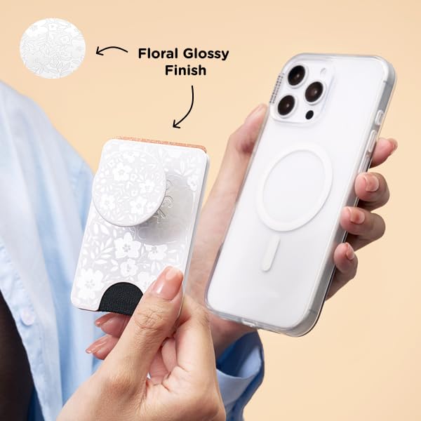 PopSockets Phone Wallet with Expanding Grip and Adapter Ring for MagSafe, Phone Card Holder, Wireless Charging Compatible, Wallet Compatible with MagSafe, Cute PopSockets - Blanc Fresh
