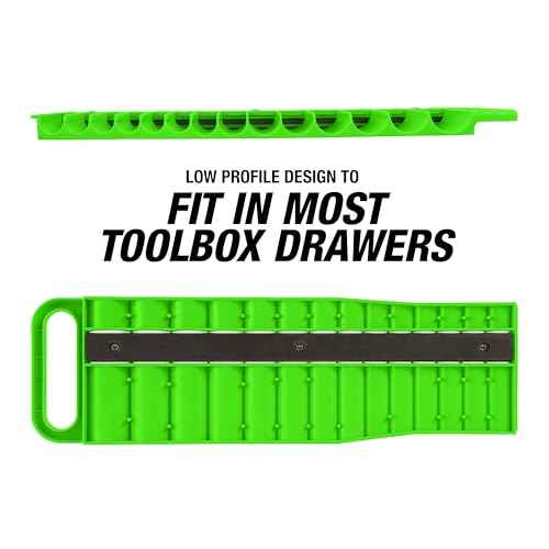 OEMTOOLS 23116 1/4" Drive Portable Magnetic Socket Organizer Tray, Magnetic Socket Holders Organizers For Tool Box, Shop, Or Garage, Holds Up To 26 Tools, Metric/SAE, Green
