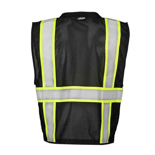 Kishigo Black Enhanced Visibility Men's Vest B100, Multi Pocket Mesh Hi-Vis Vest, Ultra-Cool Polyester, 6 Pockets, Zipper