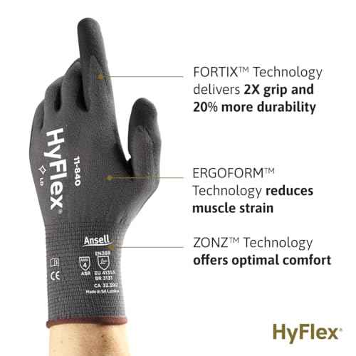 Ansell HyFlex 11-840 Ergonomic Abrasion-Resistant Nitrile Foam Industrial Gloves for Automotive, Fabrication, Utilities - Size 8, Grey (12 Pairs)