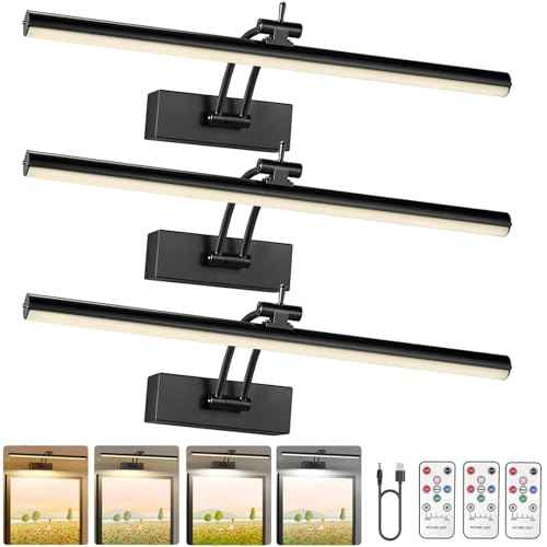 3 Pack Picture Lights for Wall Battery Operated, 16 inch Wireless Art Lighting for Painting, 6 Colors Picture Frame Lights with Remote, Dimmable 5200mAh Gallery Light, Black