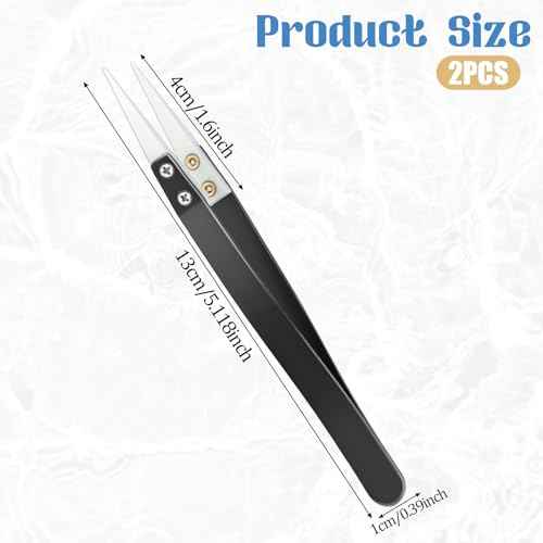 2pcs Ceramic Tweezers Stainless Steel Ceramic Precision Tweezers for Electronics, Non-Conductive Anti Static High Temperature Resistant Fine Point Tweezers for Precision Electrical Operation Black
