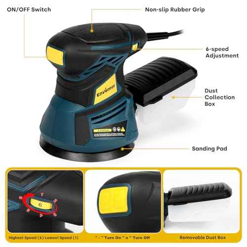 Enventor 3A Random Orbital Sander, 350W 5-Inch Electric Orbital Sander Tool 6 Variable Speeds, Max 13,000 RPM Palm Sander with 20 PCS Sandpapers, Dust Collector Box for Woodworking, Sanding, Polishing