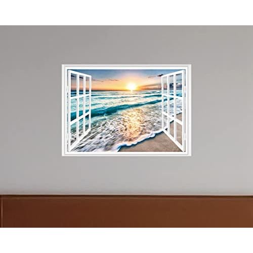 FLFK Fake Window Wall Sticker - Sunset Beach Faux Window Wall Mural for Wall Decor, Stick and Peel Wall Decals,16"x24"