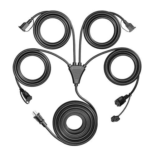 Eversimpleinc Black 1 to 4 Splitter Extension Cord (Combined 74 FT, End to End 56 FT), 3 Prong Plug with 4 Extended Outlets, with Weatherproof Covers for Indoor and Outdoor