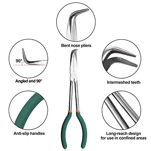 SPEEDWOX Long Reach Bent Nose Pliers 10 Inches 90 Degree Intermeshed Teeth Precision Fine Pliers for Hard to Reach Narrow Spaces High Leverage Reduce Efforts Non-slip Handle