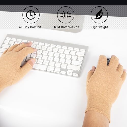 2 Pairs Arthritis Compression Gloves for Women Men, Fingerless Breathable & Moisture Wicking Compression Gloves for Relieving Carpal Tunnel Aches, Rheumatoid Pains, Joint Swell Nude L