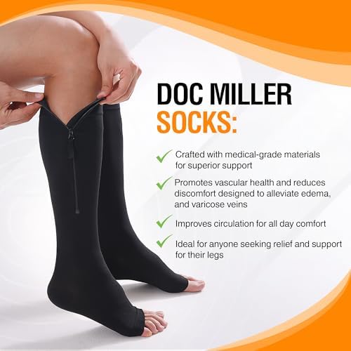 Doc Miller Compression Socks with Zipper – Open Toe, Knee High 15-20 mmHg Support Stockings for Women and Men, Easy to Wear, Travel, Maternity, Daily Use – 1 Pair