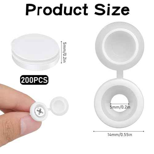 200Pcs Plastic Hinged Screw Cover Caps, Shutter Screw Caps, White Snap Washer Covers Flip Tops for Screw Protection, Covering Screw Heads, 577452_1_Vrc8r9kt3