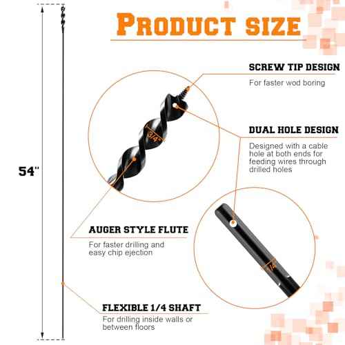 Lasnten 2 Pcs Flexible Drill Bit for Wire Pulling 54 x 3/4¡¿1/4 Inch Long Auger Drill Bits with Fish Eye Hole and Screw Point for Wood Through Walls Ceilings and Sidewalks