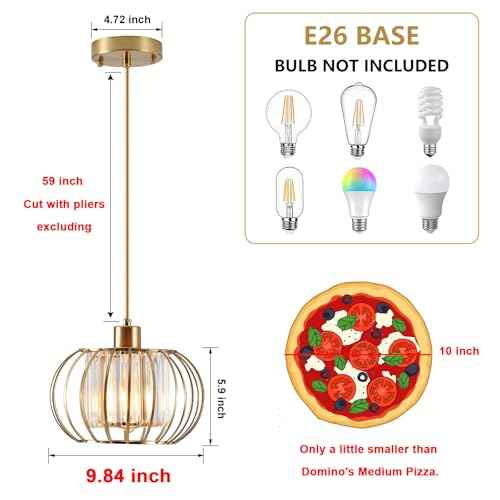 Gold Pendant Light Fixture, Modern Crystal Pendant Lights Kitchen Island, 1-Light Farmhouse Mini Chandelier, Adjustable Brass Hanging Light Fixture for Hallway, Bedroom, Dining Room