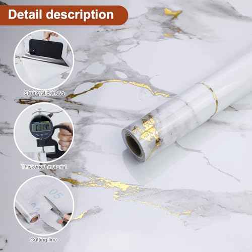 Yun-aeon Thick Marble Contact Paper for Countertops 15.7"x 78.7" - White and Gold Glossy Peel and Stick Wallpaper Self-Adhesive Removable Countertops for Kitchen Bathroom Cabinets