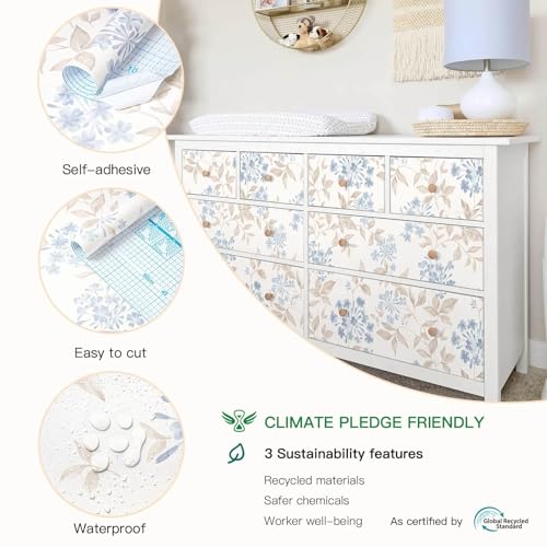 Heroad Boho Floral Wallpaper Blue/Beige Peel and Stick Wallpaper Neutral Leaf Contact Paper Removable Self Adhesive Wall Paper for Cabinet Bedroom Bathroom Waterproof Decor Vinyl Roll 17.3''x78.7''