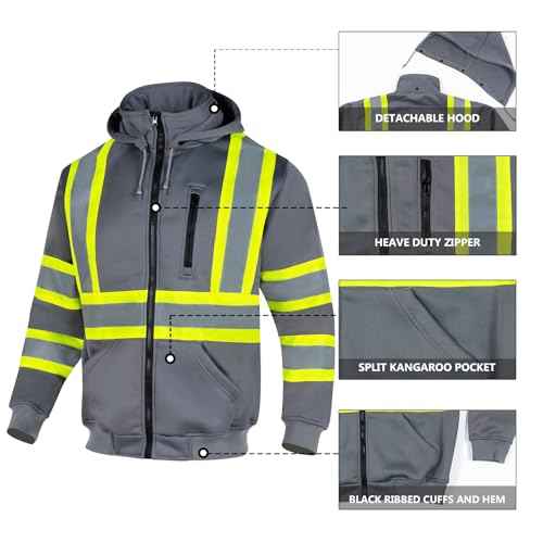 VENDACE High Visibility ANSI Class 1 Reflective Safety Fleece Sweatshirt Hoodie for Men with Detachable Hood(Grey,XL)