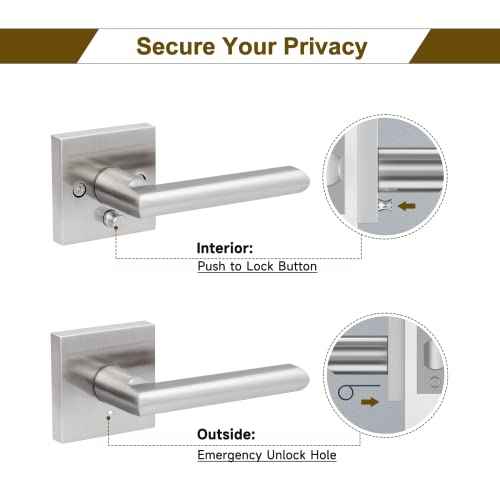 HOSOM 2 Pack Privacy Door Handles with Lock for Bedroom and Bathroom Satin Nickel Keyless Interior Door Knobs Reversible Square Door Locks