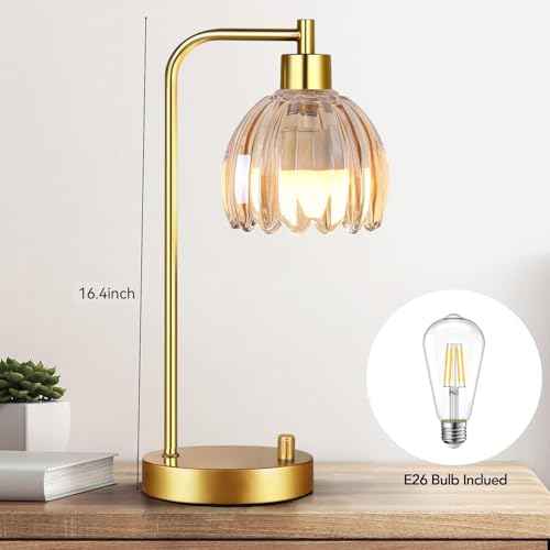 Glass Table Lamp Set of 2,Small Gold Bedside Lamps Dimmable Boho Bedroom Lamp with Tulip Flower Amber Lamp Shade,Vintage Mid Century Modern Mini Nightstand Lamp for Bedroom Living Room
