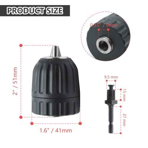 0.8-10mm Capacity Mount Keyless Drill Chuck, 3/8-24 UNF Mount Thread Impact Chuck Converter Conversion Tool, Quick Change Conversion Adapter with 1/4 Inch Hex Shank