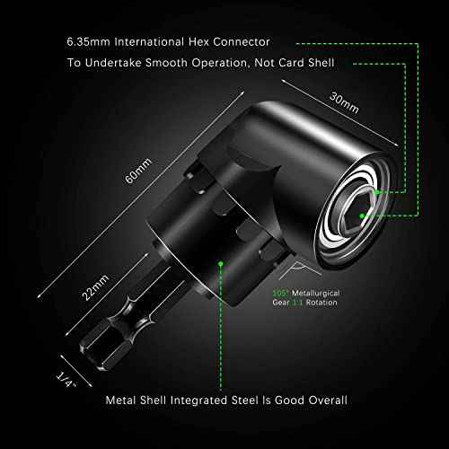 HOOOWOOO 105 Degree Right Steel Angle Driver Angle Extension Power Screwdriver drill with 1/4 Drive Hex Bit Quick Magnetic Drill Bit Angled bit Power Drill Tool,Multifunction Right Angle Drill
