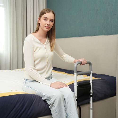Bed Rails for Elderly Adults Safety - Adjustable Bed Assist Rail for Seniors Fall Prevention with Support Leg, Bedside Grab Bar Cane with Storage Pocket, Fits King, Queen, Full, Twin Bed