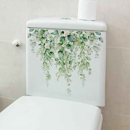 Green Plants Toilet Stickers -DIY Removable Waterproof Toilet Sticker-2 Sheets Leaves Flowers Toilet Lid Decals Self-Adhesive Plants Toilet Bathroom Cistern Decor 13.78x9.8in