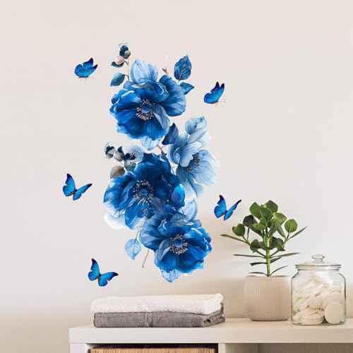 Blue Flower Wall Decals Peel and Stick Peony Floral Wall Sticker Decor Removable Peonies Bouquet Wall Murals with Butterflies for Girls Bedroom Living Room Bathroom Hallway Door Office Kids Nursery