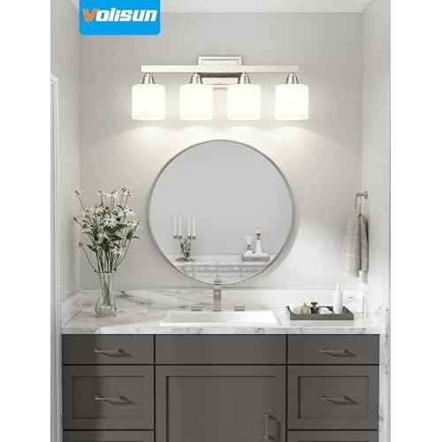 VOLISUN Brushed Nickel Bathroom Light Fixtures, 4-Light Bathroom Vanity Lights Over Mirror, Modern Vanity Light for Bathrooms, Bathrooms Lights Fixtures Over Mirror with Milky White Glass Shades