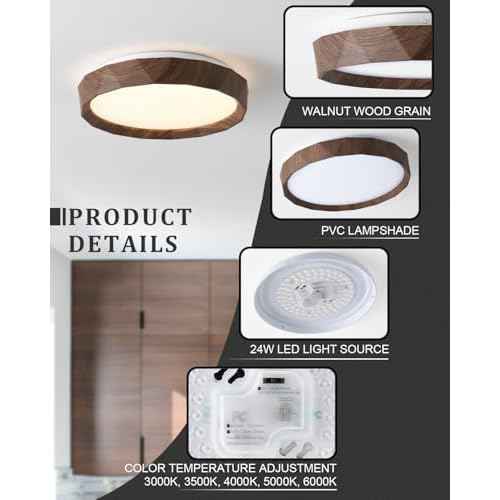 ANYLOVE 15 inch LED Flush Mount Ceiling Light Fixture,3000K 4000K 5002K Adjustable Ceiling Lights, Farmhouse Oak Wood Grain Ceiling Light for Bedroom Hallway Bathroom Kitchen