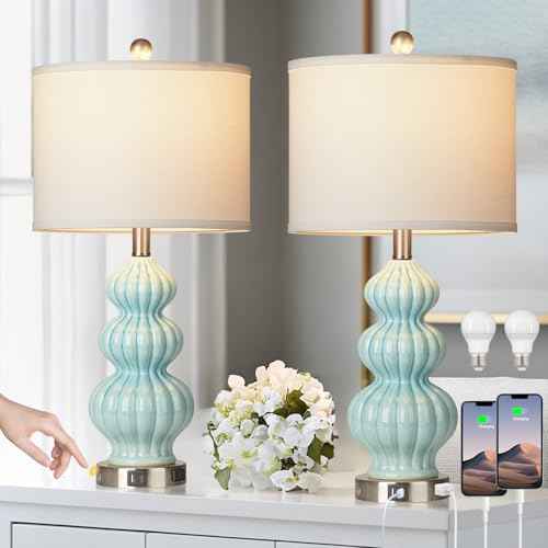 Ceramic Table Lamps Set of 2, Green Modern Bedside 26" Nightstand Lamp 3-Way Dimmable Lamp for Bedroom Living Room Contemporary, Side Table Lamp, Bulbs Included