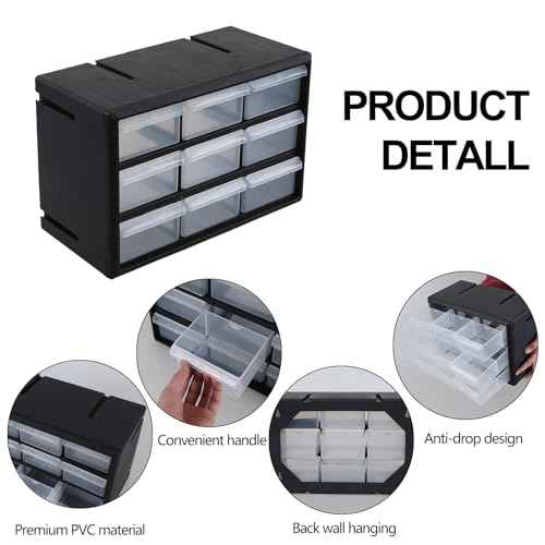 Hardware and Craft Drawer Cabinet, 9 Drawer Plastic Parts Storage Cabinet, Black