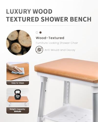 Sangohe Shower Chair for Inside Shower, Shower Chair with Wood Seat Board and Back, Height Adjustable Shower Stool for Elderly and Disabled, 400 lbs Heavy Duty Shower Seat for Seniors, 796D-B