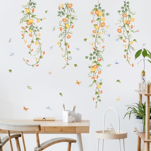 Hanging Flowers Vine Wall Stickers Yellow Morning Glory Wall Decals Autumn Floral Butterflies Art Wall Decor for Bedroom Living Room Sofa TV Backdrop