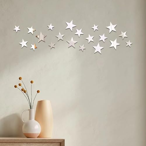 20Pcs Silver Stars Acrylic Mirror Wall Stickers 3 Sizes Stars Stickers with Adhesive Art Decal 3D Wall Decorations for Women and Man Bedroom Home DIY Decor Stickers