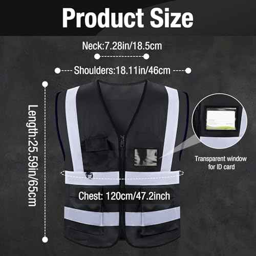 Jeffbaubl 10 Pcs Reflective Vest, High Visibility Construction Vest, Reflective Vests with Pockets and Zipper, Work Vests for Men Women(Black)