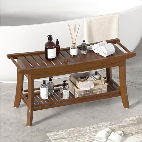 Bamboo Shower Bench Chair Bathroom Shower Stool Seat for Inside Shower Bathtub with Storage Shelf Shower Foot Rest for Shaving Legs 39 x 13 x 19.2 Inches Chestnut Brown