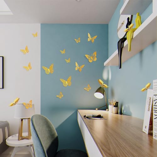 3D Butterfly Stickers for Graduation Caps, Wall Decorations, Birthday Party, Cake Decorations, Arts and Crafts Projects (Gold)