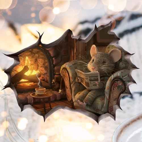 Cozy Mouse Wall Decal, 3D Fireplace Scene Decorative Sticker, Vinyl Home Decor