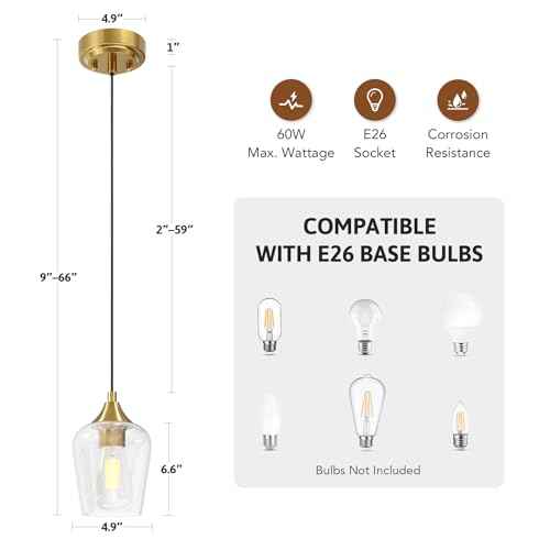 VONLUCE Pendant Lights Kitchen Island, Brushed Gold Pendant Light Fixtures with E26 Base & Adjustable Cable, Modern Pendant Lighting with Glass Shade for Living Room Bedroom Hallway, 2 Packs