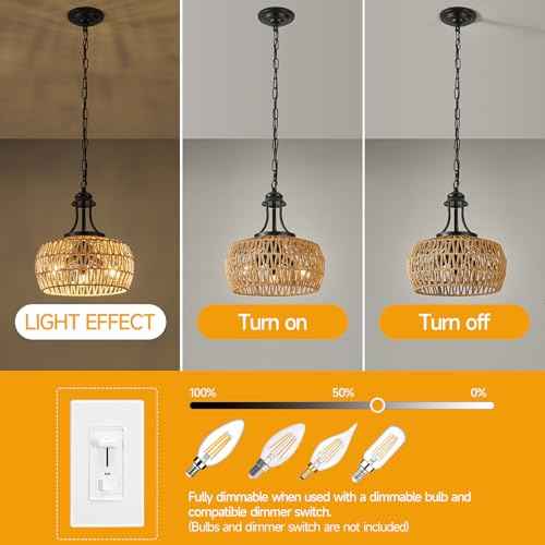 Chandeliers for Dining Room, 3-Light Boho Chandelier with Wicker Lampshade, Adjustable Height Coastal Chandeliers, Vintage Pendant Lighting for Kitchen, Bedroom.(Brown)
