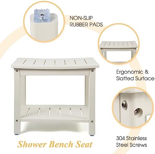 HDPE Shower Bench, Shower Stool with Storage Shelf 2-Tier Spa Stool for Inside Shower,Water Resistant & Non-Slip Design Shower Seat (White L Size)