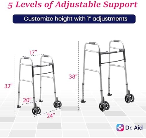 Dr. Aid Premium Folding Walker with Wheels, 5" Auto Brake Double Front Wheel Walker, Lightweight Walkers for Seniors, Durable Aluminum Frame, Adjustable Height, Supports Up to 400lbs, Aluminum Gray